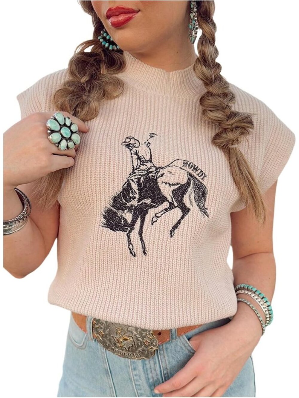 Women's Beige Ribbed Knit Cap Sleeve Western Cowboy Embroidered Sweater Tank Top
